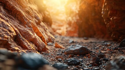 A captivating view of sunlight illuminating rugged rock formations in a canyon, showcasing nature's hidden beauty.