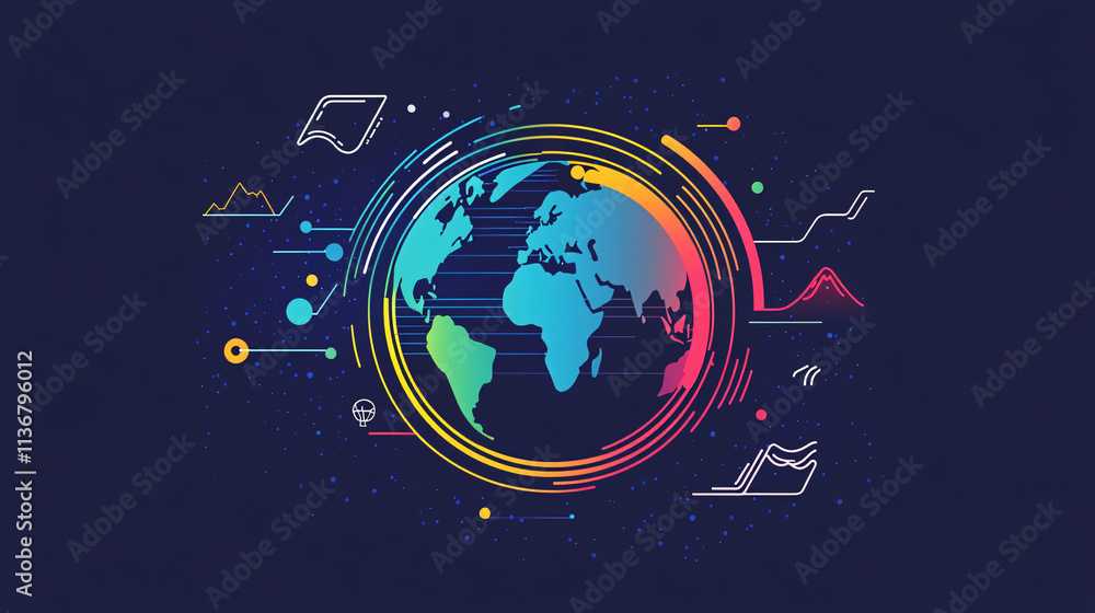 Poster a cyber globe icon with weather patterns and data streams, representing online climate platforms, me