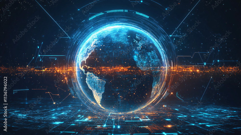 Poster a cyber globe icon with weather patterns and data streams, representing online climate platforms, me