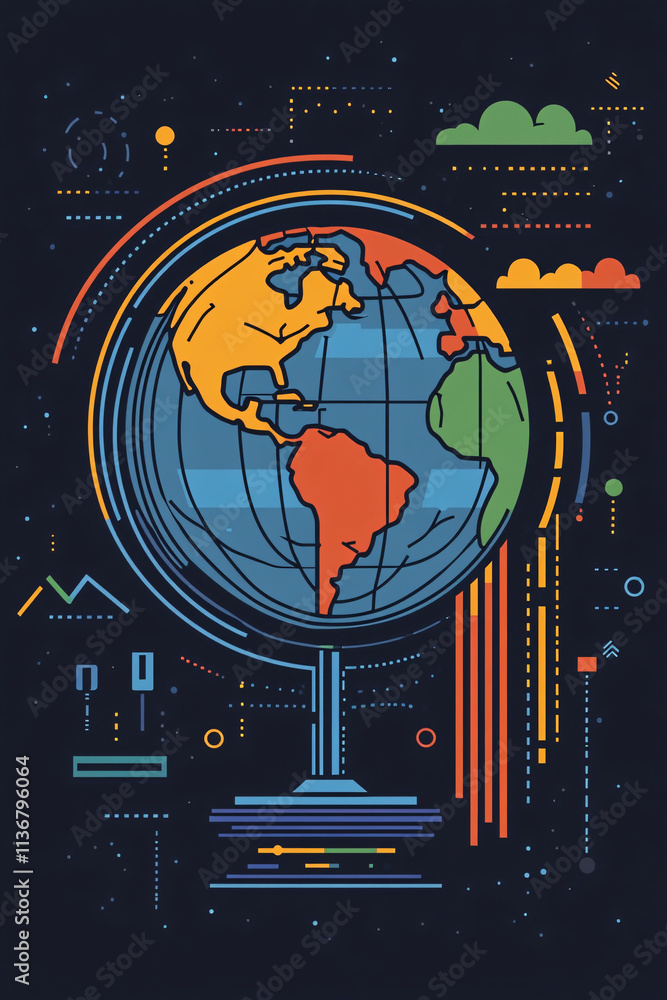 Poster a cyber globe icon with weather patterns and data streams, representing online climate platforms, me