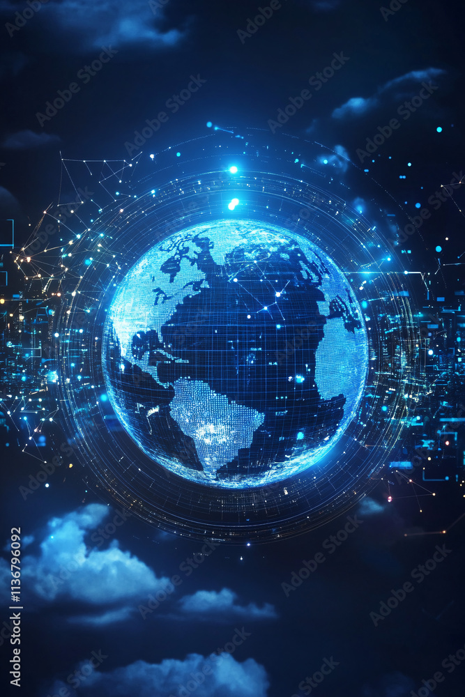 Poster a cyber globe icon with weather patterns and data streams, representing online climate platforms, me