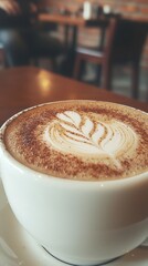 A close-up of a coffee cup with latte art on a wooden table.
