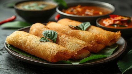 A plate of crispy dosa served with various chutneys and sambar, highlighting Indian cuisine.