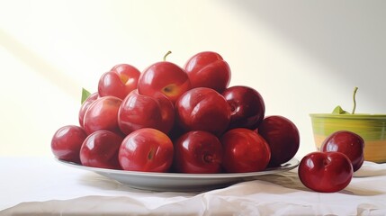 A vibrant display of red plums on a plate, beautifully arranged, with soft natural lighting highlighting their glossy surface.