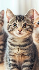 Obraz premium A close-up of a curious tabby kitten with bright eyes and a playful expression.