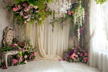 Wedding arch decorated with flowers and greenery in the interior