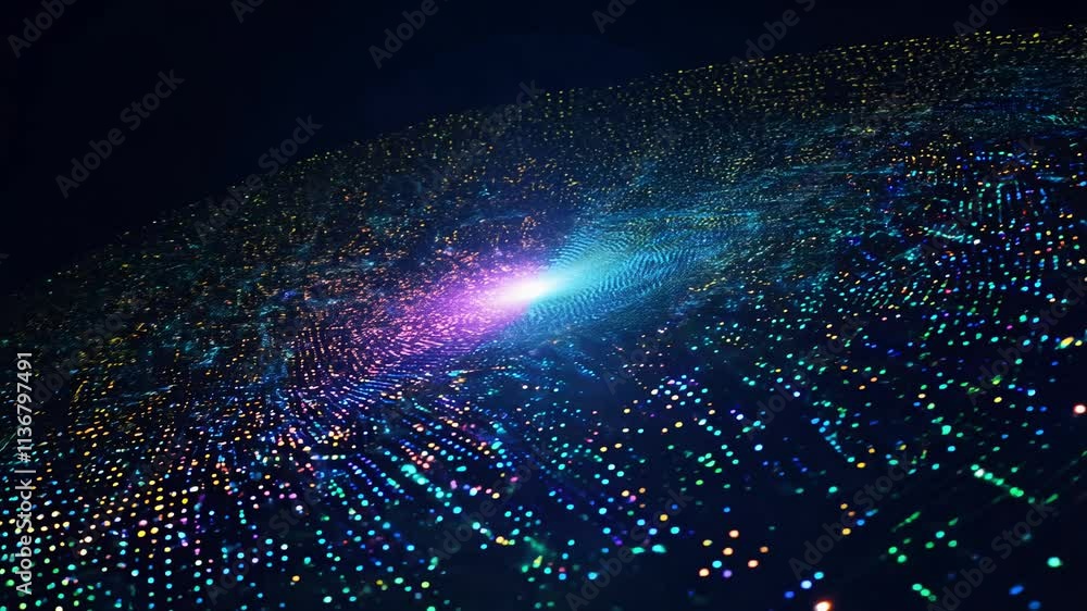 Poster camera rotates around a quantum dot texture with neon colors and nano-scale patterns