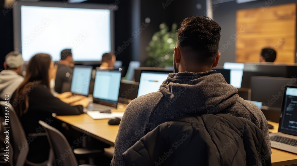 Poster focused programmers at work in a modern office environment