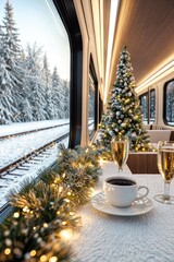 Luxurious train interior decorated with Christmas tree, garland lights, and coffee on snowy winter journey  
