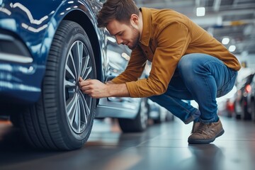 Fototapeta premium Mechanic holding tire with copy space for text repair service center, blurred background