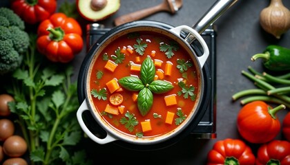 Colorful vegetable soup with fresh herbs and ingredients in cooking pot