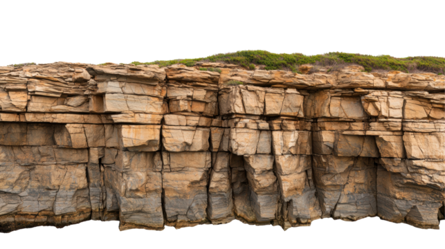 Rocky cliff with textured sedimentary layers and patches of green vegetation at the top. Detailed erosion patterns enhance the rugged appearance of the cliff. Isolated on transparent background, png.