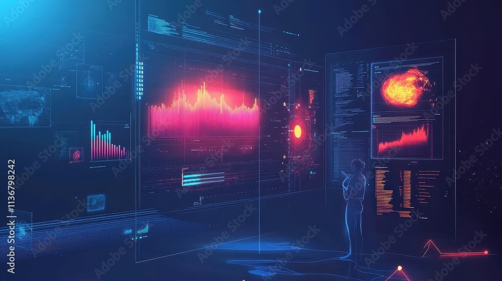 Poster futuristic data visualization and analysis in sci-fi setting