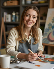 Fototapeta premium Talented Female Painter at Work in Creative Workshop