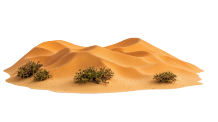 Rolling sand dunes with smooth curves and small green desert shrubs scattered across the golden sandy surface under natural light. Isolated on transparent background, png.