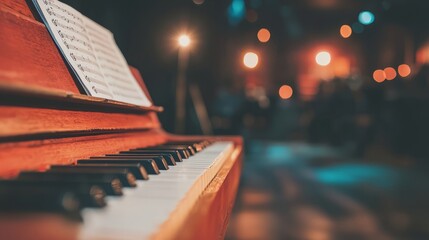 A close-up of a piano with sheet music, set in a dimly lit performance space.