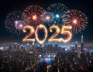 "New Year 2025 celebration over a modern city skyline at night, with colorful fireworks and glowing '2025' text in golden light. Ideal for festive, holiday, and New Year themes."