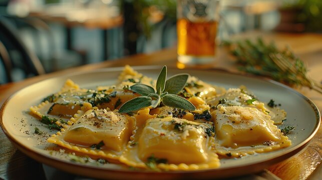 A plate of ravioli garnished with herbs and cheese, accompanied by a drink.