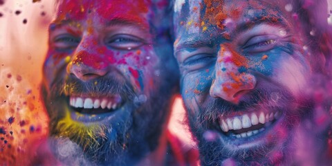 Obraz premium Smiling young men with vibrant Holi colors smeared on his face, celebrating the Indian festival of colors