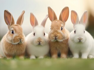 Fototapeta premium Four adorable rabbits of varying colors stand side by side on green grass, showcasing their fluffy fur and long ears in a serene outdoor setting.
