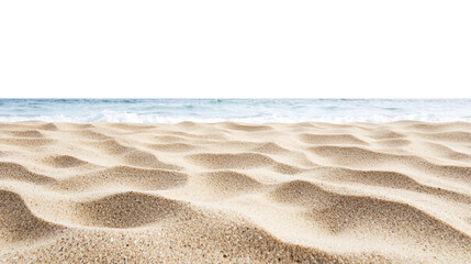 Fototapeta na wymiar Smooth sand ripples on a beach near ocean waves, forming natural patterns with soft curves and golden tones under clear sky lighting. Isolated on transparent background, png.