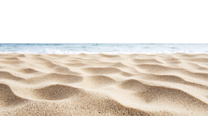 Smooth sand ripples on a beach near ocean waves, forming natural patterns with soft curves and golden tones under clear sky lighting. Isolated on transparent background, png.