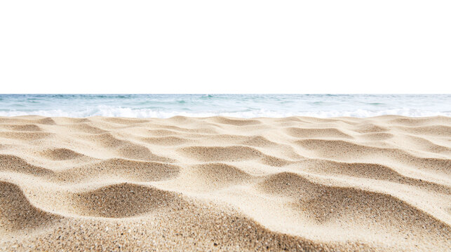 Smooth sand ripples on a beach near ocean waves, forming natural patterns with soft curves and golden tones under clear sky lighting. Isolated on transparent background, png.