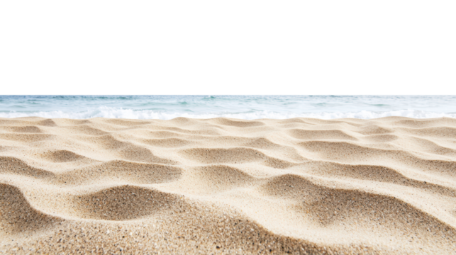 Smooth sand ripples on a beach near ocean waves, forming natural patterns with soft curves and golden tones under clear sky lighting. Isolated on transparent background, png.