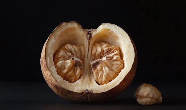 Halved fruit reveals two walnut like seeds inside