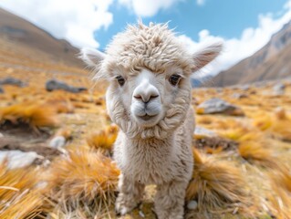 Obraz premium A cute baby alpaca stands on a grassy landscape, surrounded by mountains under a bright blue sky with fluffy clouds.