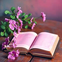 Open Book with Pink Flowers on Wooden Table

