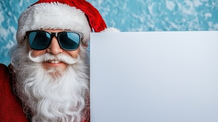Happy Santa Claus wearing sunglasses promotes Christmas sales while peeking through a white wall on a blue background
