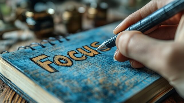 A close-up of a hand writing "Focus" reinforces the importance of concentration and clarity in business.