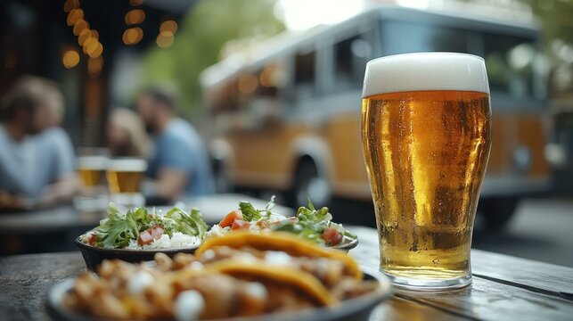 Suburban Street Food Scenes A taco truck parked outside a suburban brewery serving up Mexican street food to beer enthusiasts One main object high quality very detailed Professional image