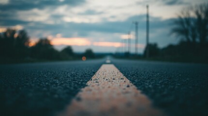 Empty country road at dusk, leading into the horizon with a tranquil atmosphere