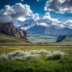 Fototapeta premium Springy Armenian scene with snow-topped mountains