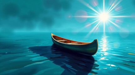 Solitary canoe floating on calm water under a bright sun