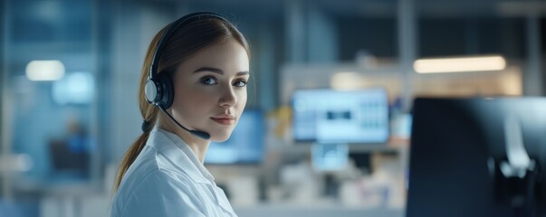 a woman doctor in emegency line. Banner background
