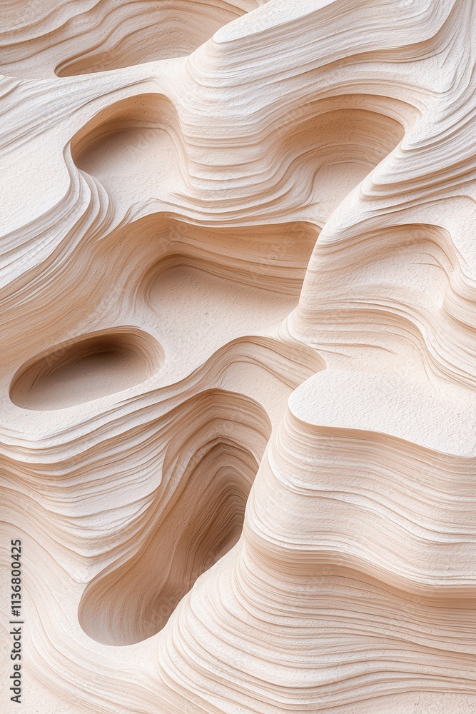 Poster abstract close-up of smooth, layered beige stone with fluid curves and shallow grooves, creating a s