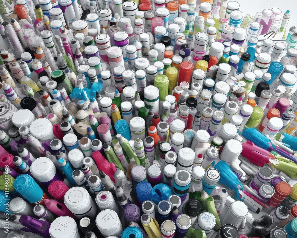 Poster a vibrant collection of various colored bottles and containers stacked together, creating an eye-cat