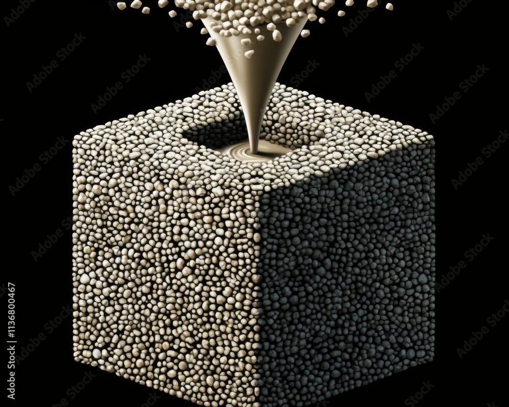 Poster a textured cube with a conical funnel, pouring small beads into a hole, creating a dynamic visual ef