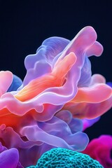 A vibrant, abstract representation of flowing coral-like structures in a blend of soft purple, pink, and blue hues.