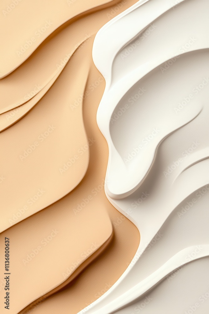 Poster abstract composition showcasing flowing layers in beige and white hues, creating a serene and modern