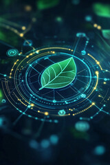 Obraz premium A cyber leaf icon surrounded by eco-friendly data points, representing online sustainability platforms, green tech initiatives, and digital environmental tracking. 