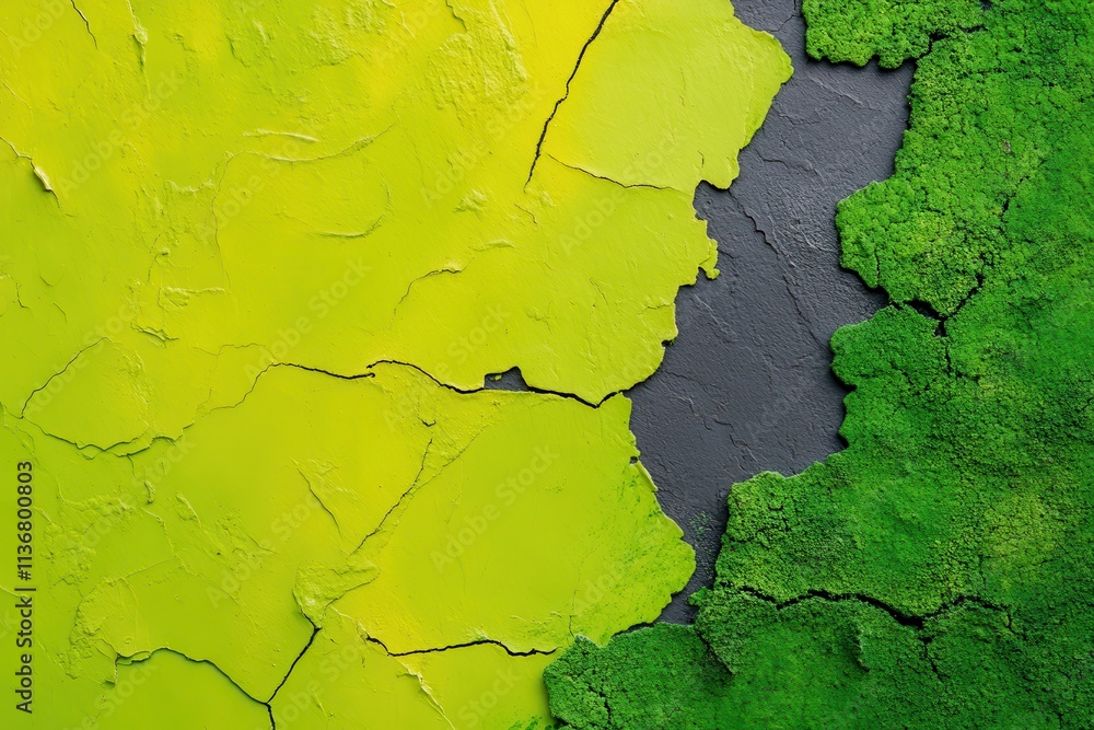Poster textured abstract background with vibrant yellow and various shades of green, showcasing unique crac