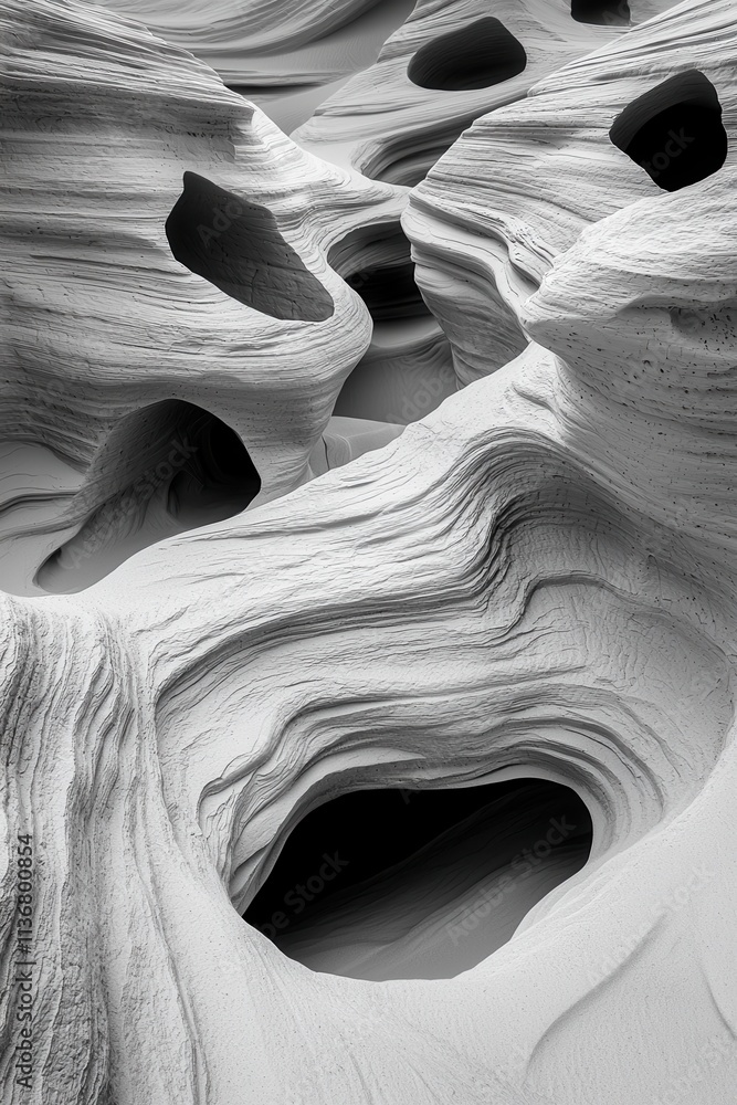 Poster an abstract view of textured rocky formations with deep cavities, creating a surreal and monochromat