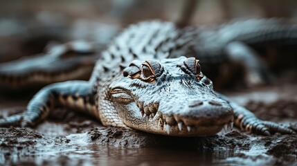 Fototapeta premium A close-up of a crocodile resting beside the water, showcasing its textured skin and piercing eyes.
