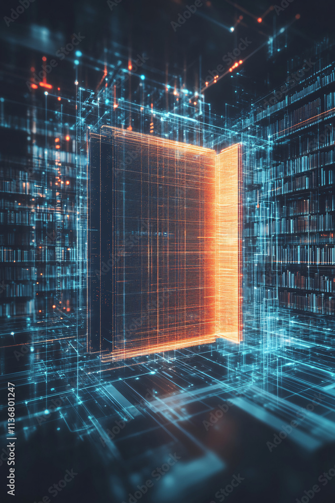 Poster a cyber library card icon surrounded by reading data, symbolizing online library access platforms, d