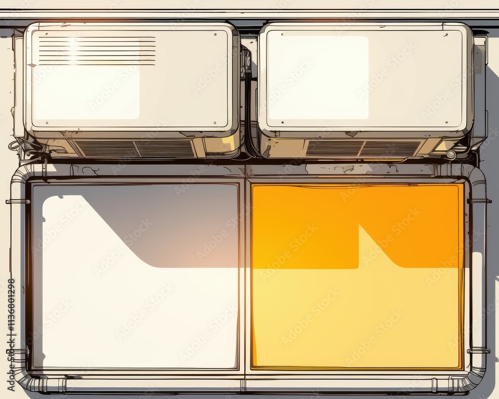 Aufkleber top view of two air conditioning units beside an orange and white abstract pattern on the ground, ca