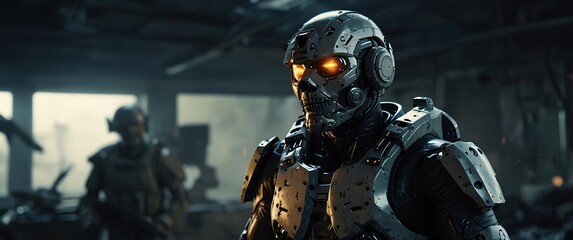 Fototapeta premium Cybernetic Soldier in a Post-Apocalyptic World: A hardened cyborg soldier stands amidst the ruins of a war-torn city, his mechanical eyes glowing with determination. The gritty.